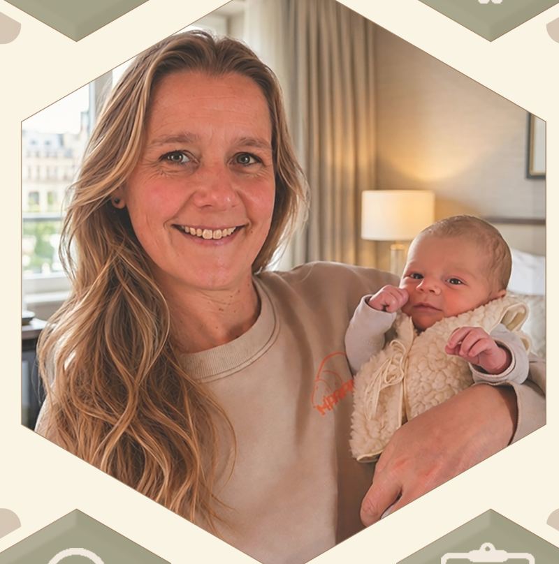 Wilma met een pasgeboren baby in het kraamhotel
